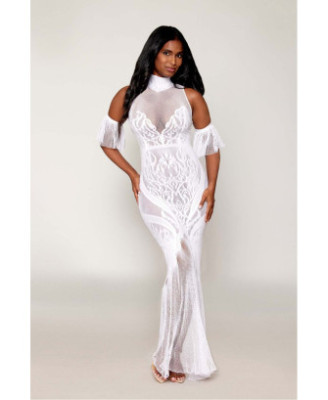 Robe bodystocking en résille et dentelle blanche 